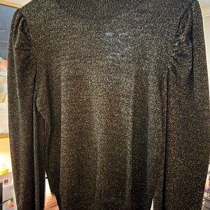 Evereve Black and Gold Sparkle Crewneck Micro Puff Sleeve Sweater
